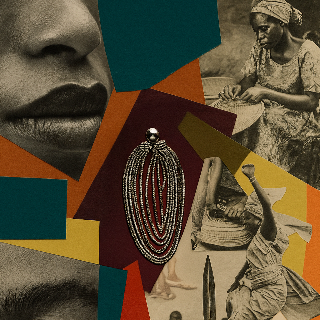 Collage of African culture with people, drums, and jewelry.