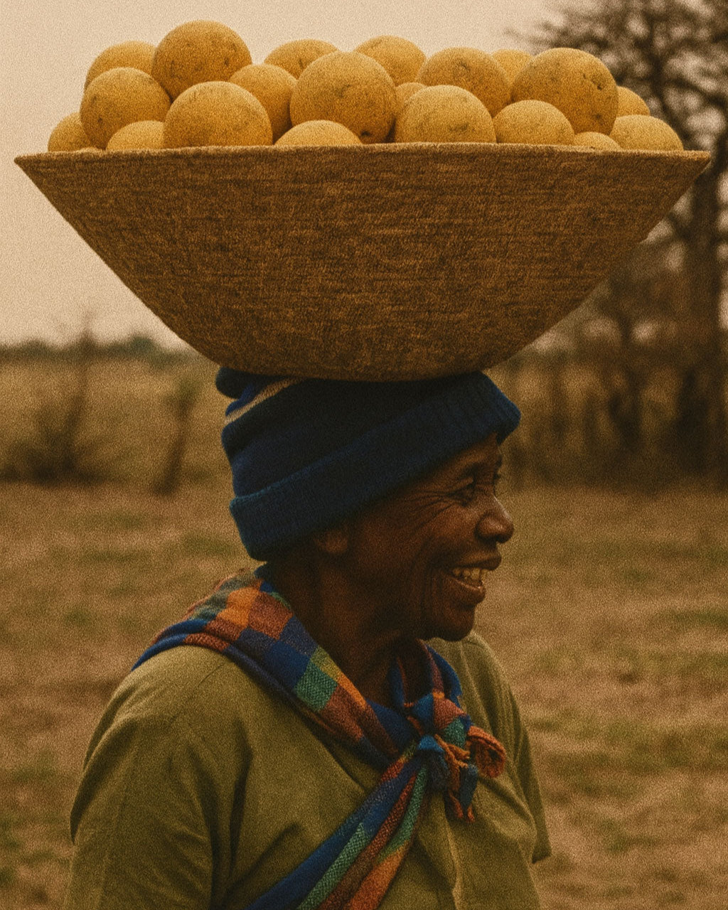 Woman carrying a large basket of lemons on her head in an outdoor setting