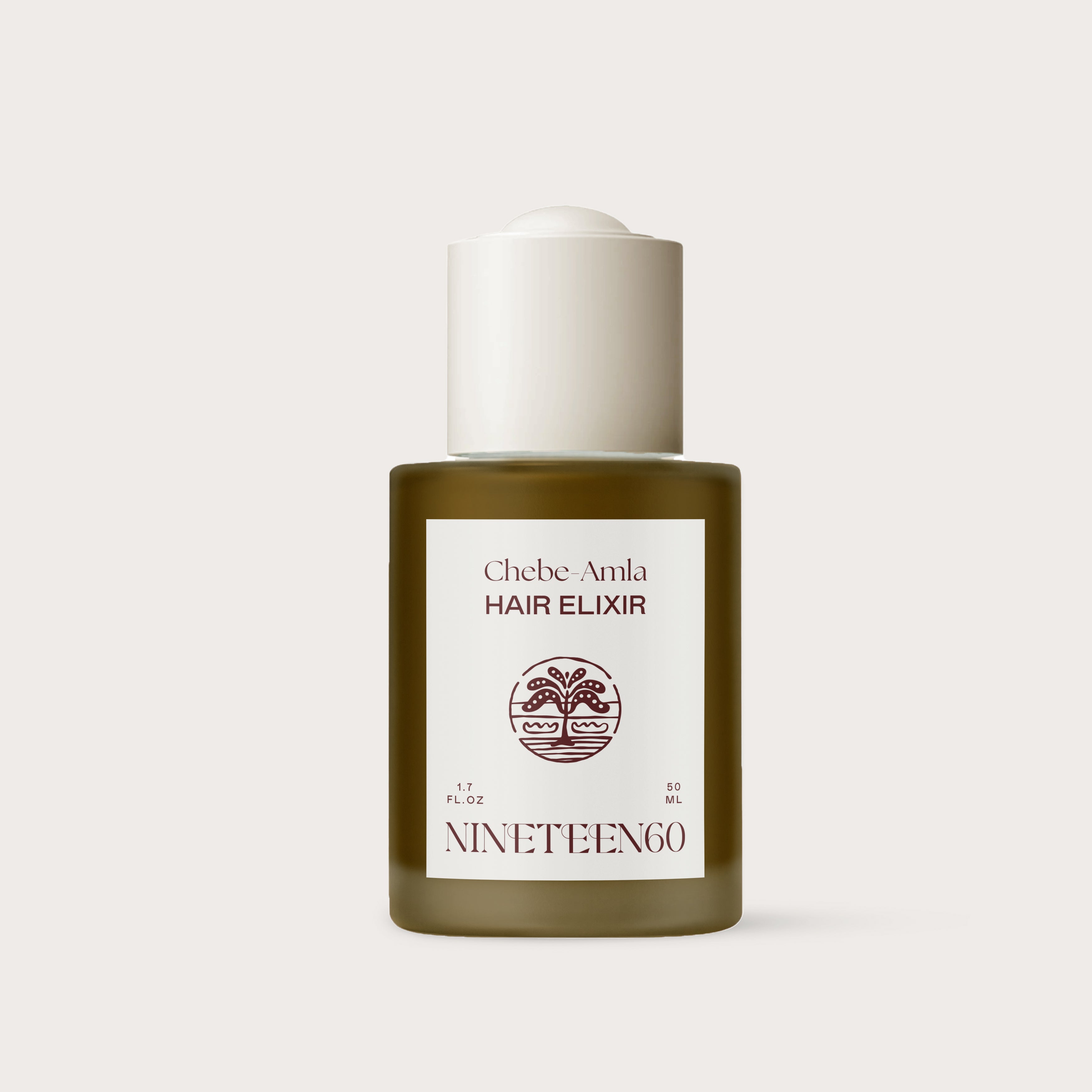 A bottle of Nineteen60 Chebe-Amla Hair Elixir with a white cap and a label that includes the product name and the brand logo.
